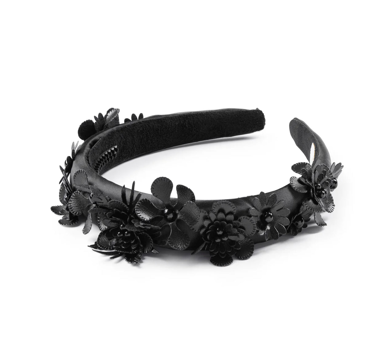 Dalia Pearl Flower Embellished Satin Headband - Black