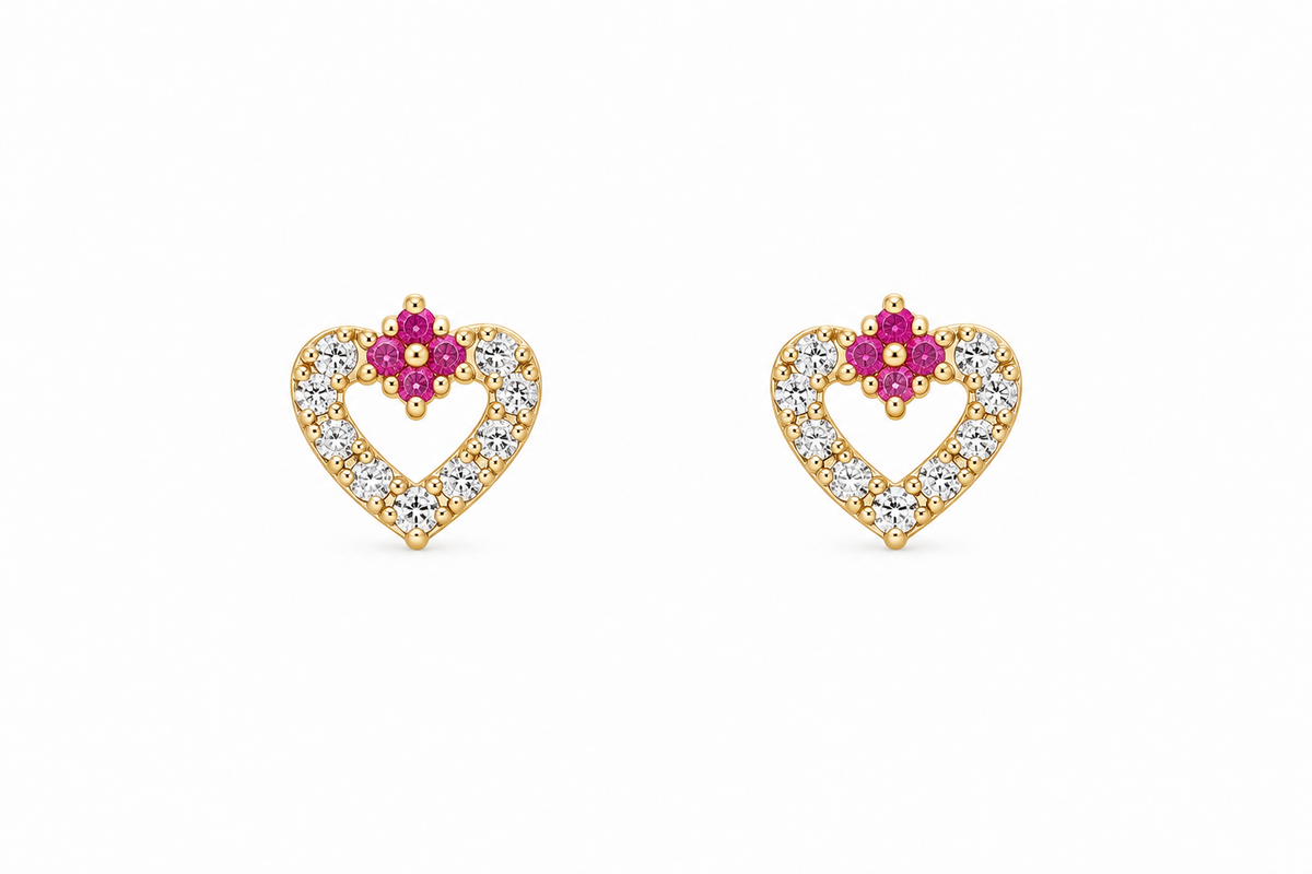 Brilliant Hearts & Hot Pink Flower 14Kt. Earrings