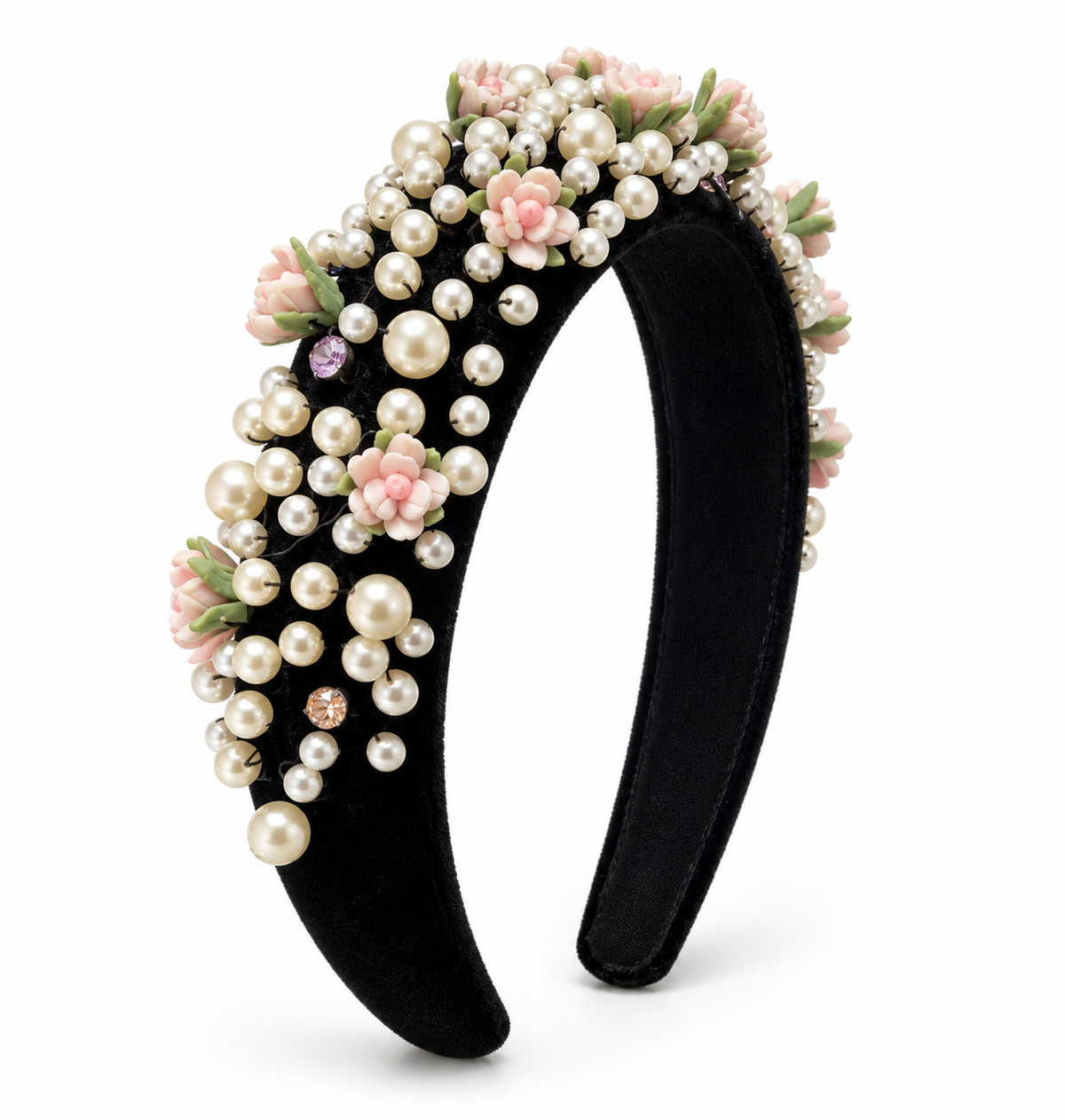 Órnate Pearls & Flowers Black Headband