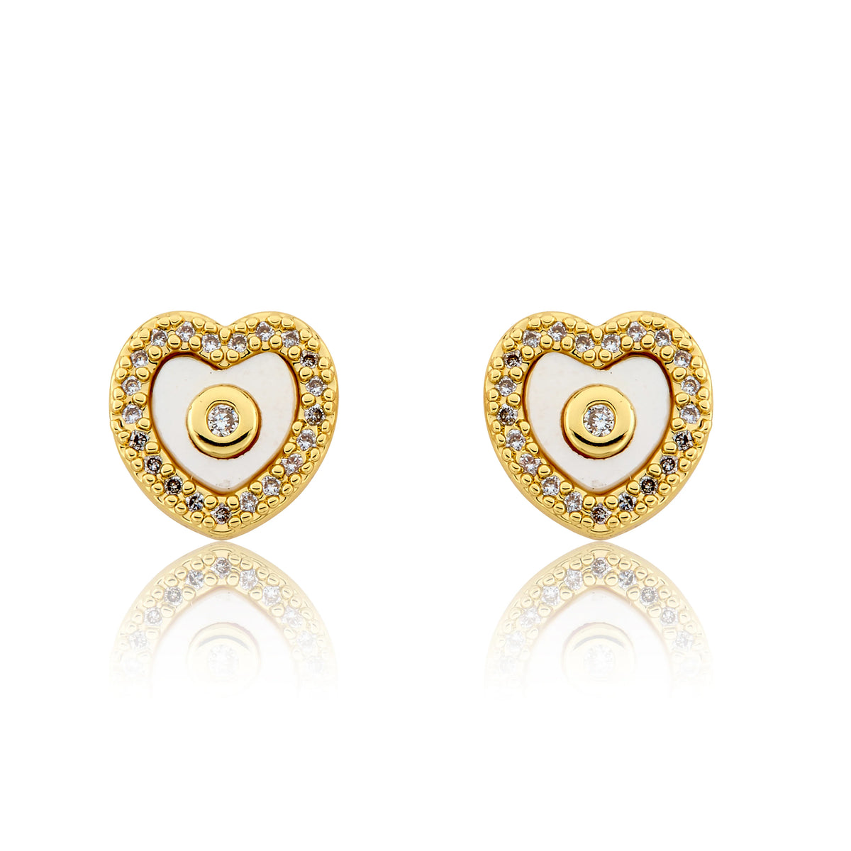 Mother Of Pearl Heart Cz Frame Stud Earring Gold
