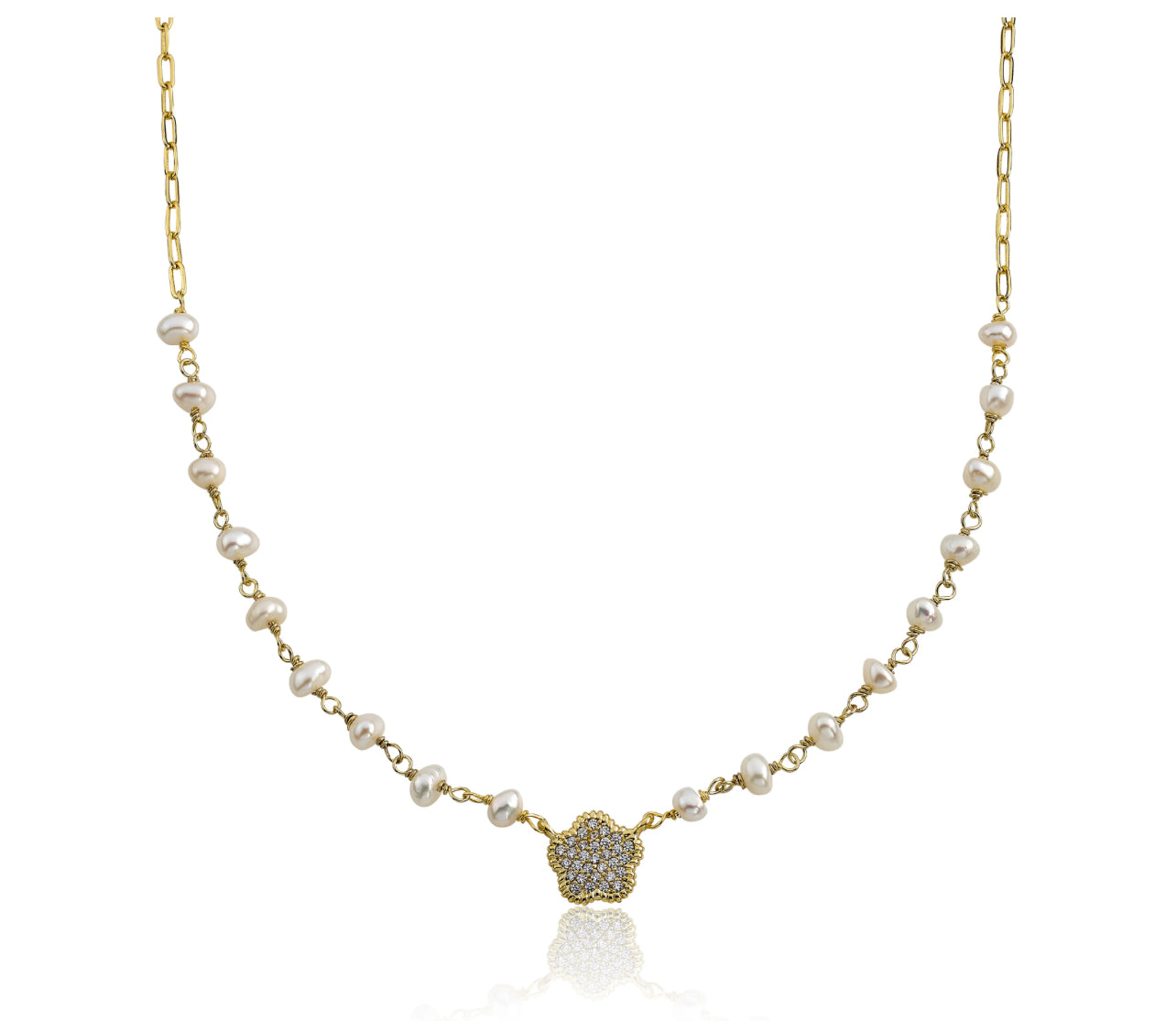 Micro Pave Flower Pearl Necklace