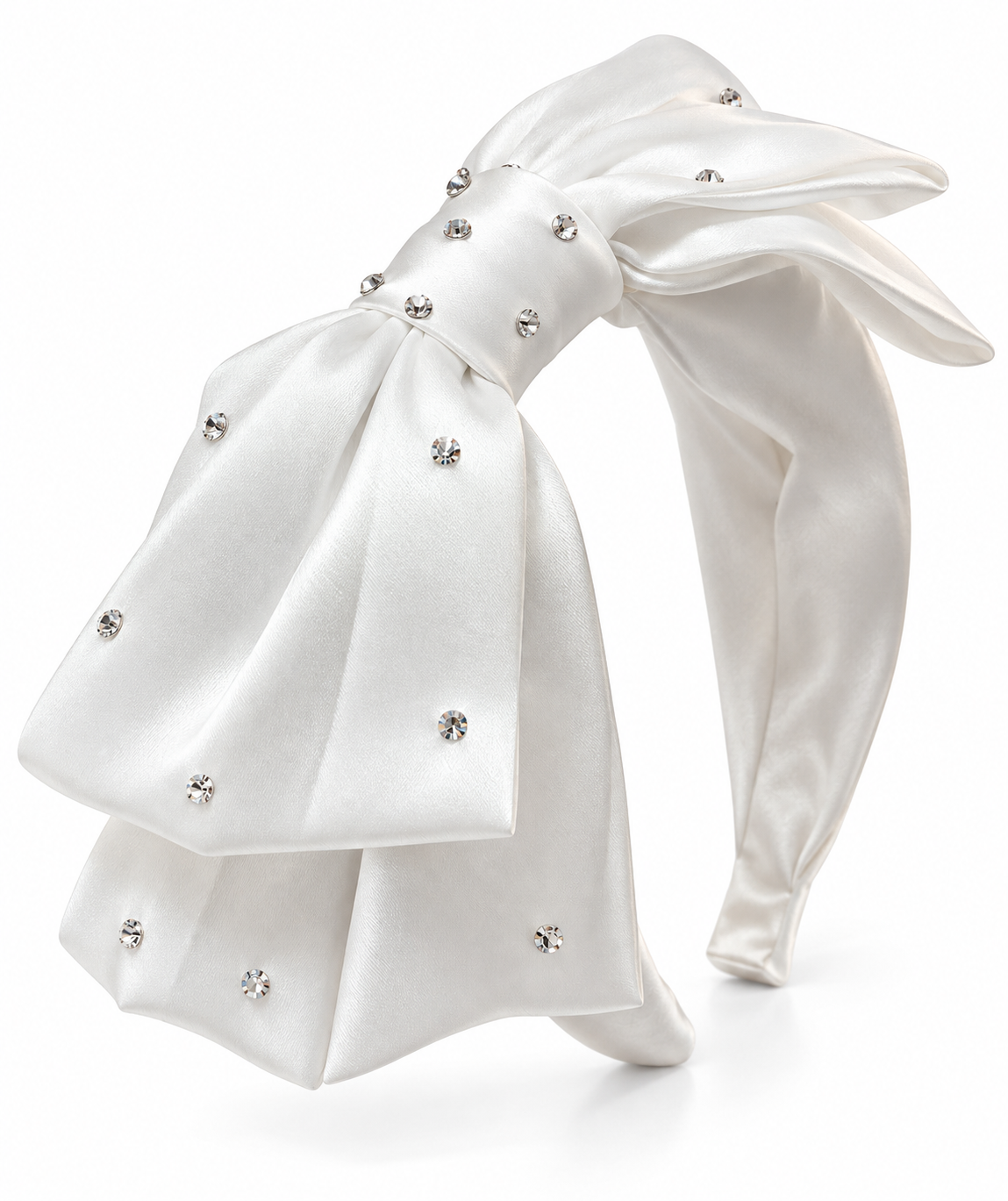 White Satin Rhinestone Bow Headband