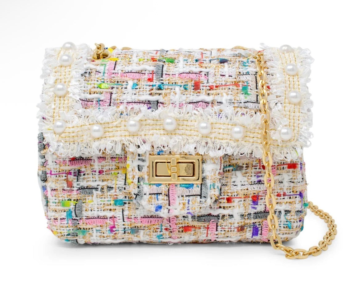 Classic Tweed Pearl Handbag - White