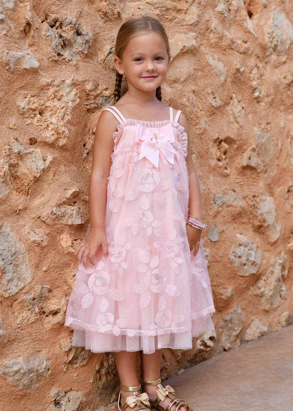 Lydia Embroidered 3D Bud Strappy Dress Peach