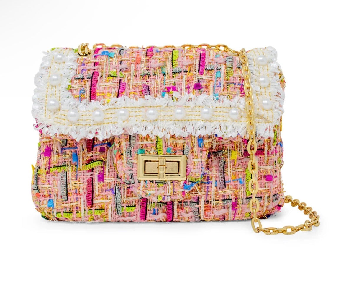 Classic Tweed Pearl Handbag - Pink