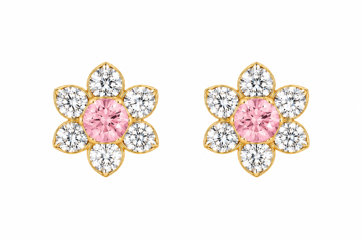 Light Pink & Clear Flower 14Kt. Earrings