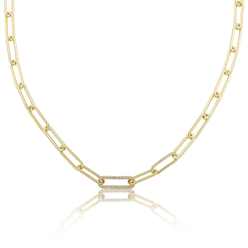 Gold Plated Links Chain Necklace With Pave Cz Center Link