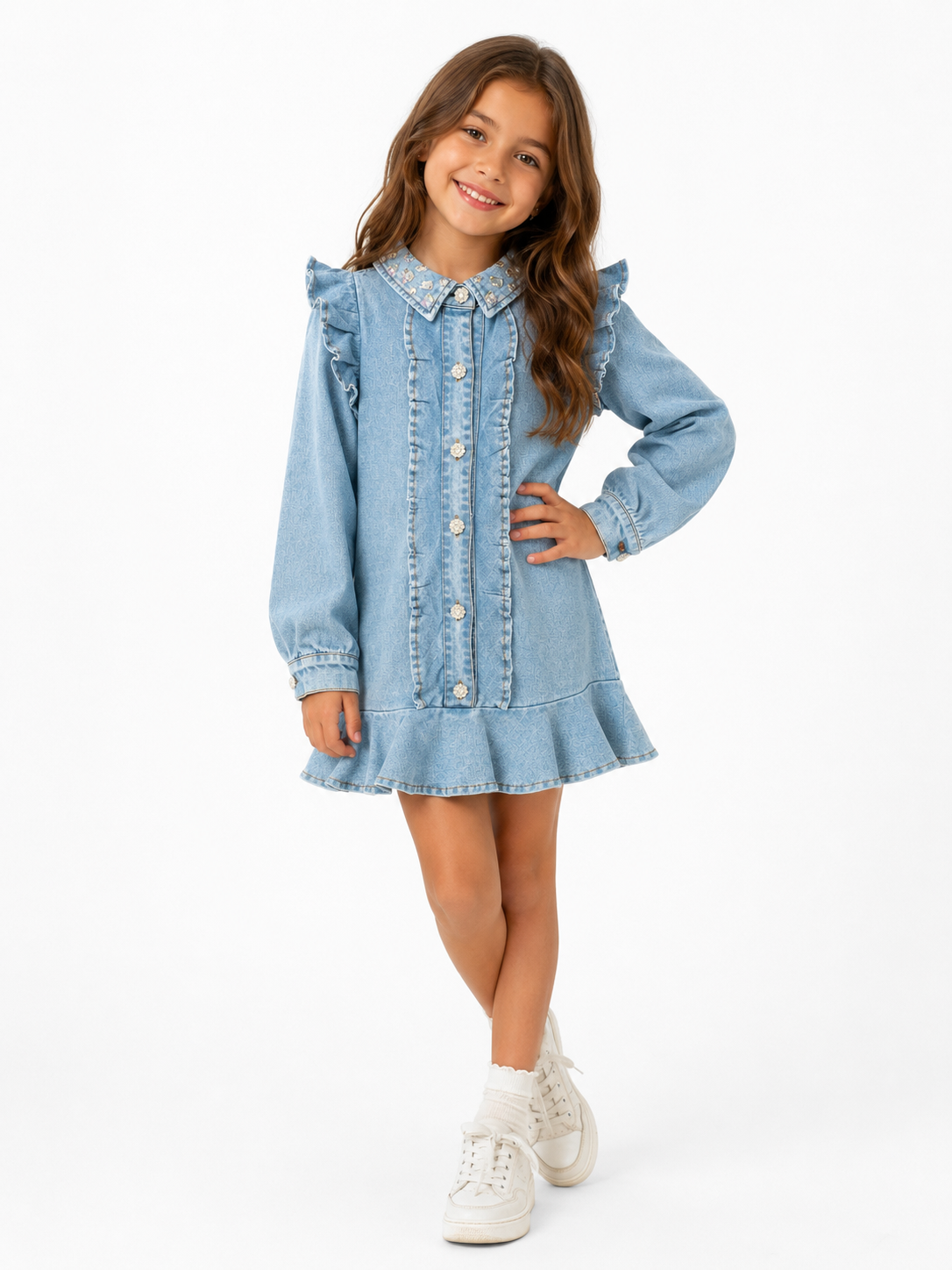Denim Ruffle Long Sleeve Gem Button Dress