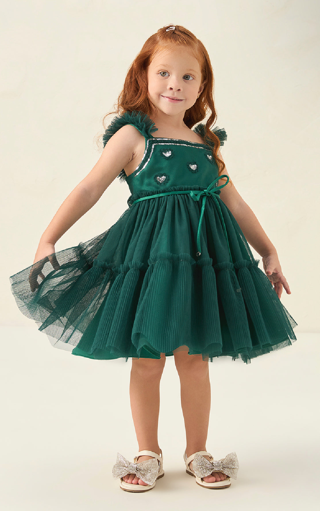 Mini Glittered Hearts Green Dress