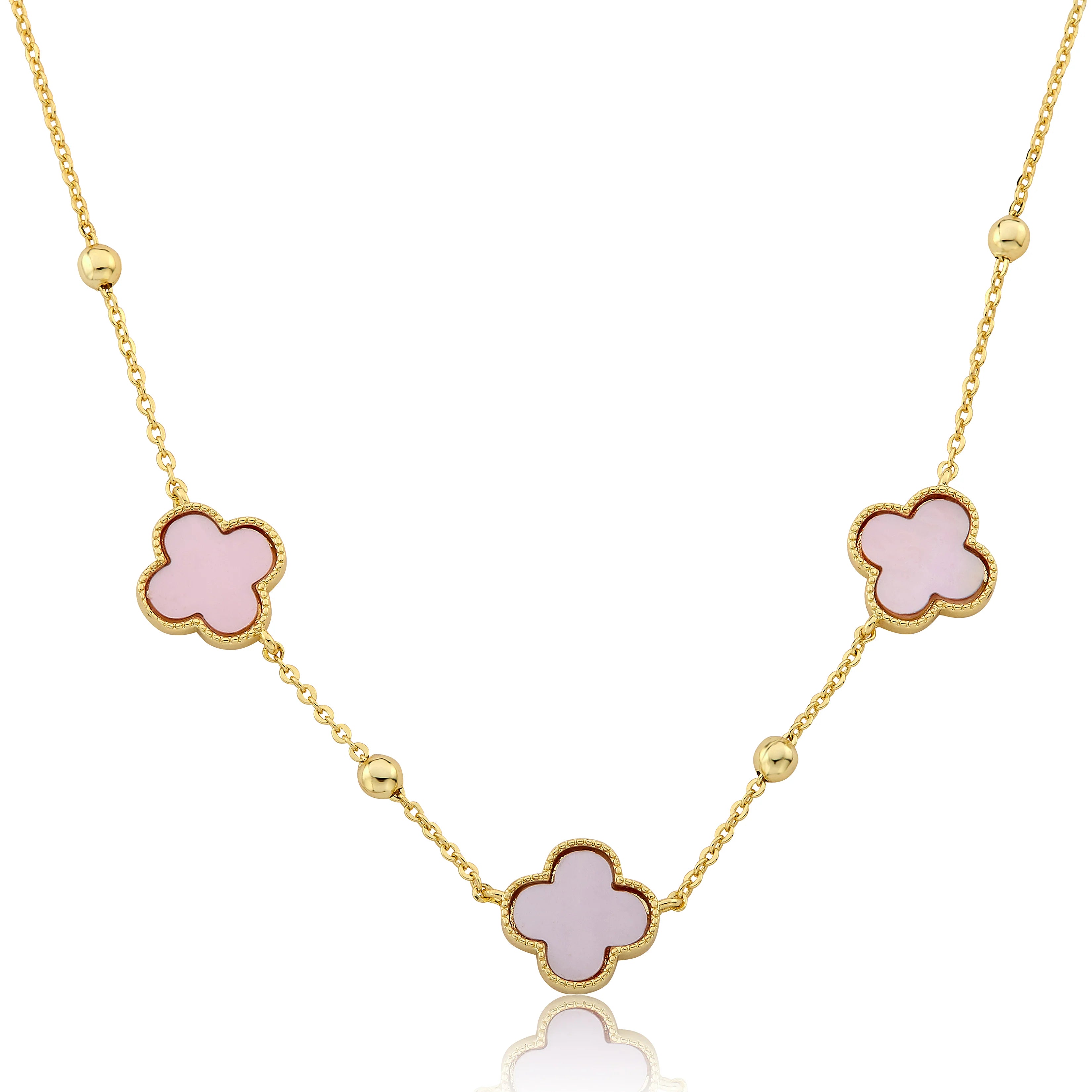 Gold Plated 3 Clover Pendant On Bead Station Necklace
