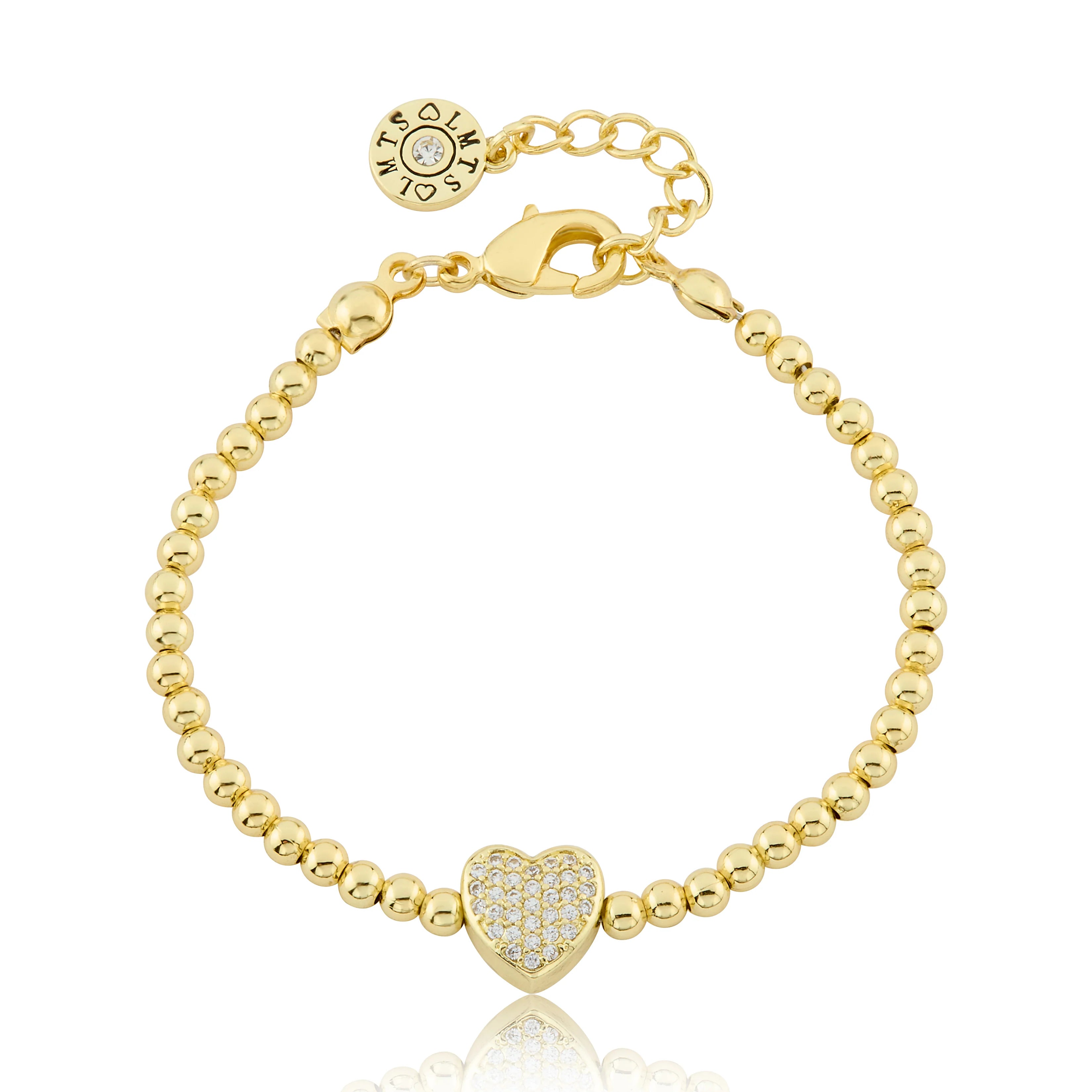 Gold Plated Bead & Cz Heart Wire Bracelet