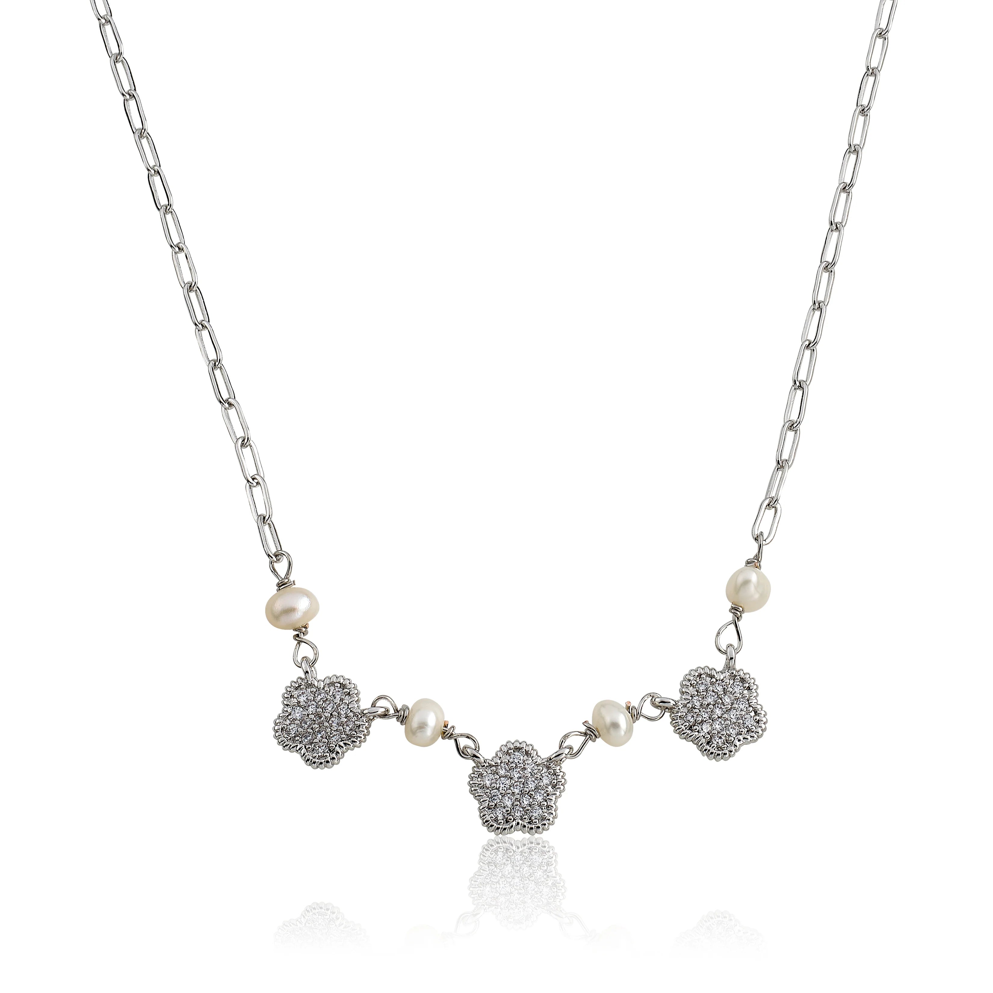 Micro Pave Flower Necklace - Silver