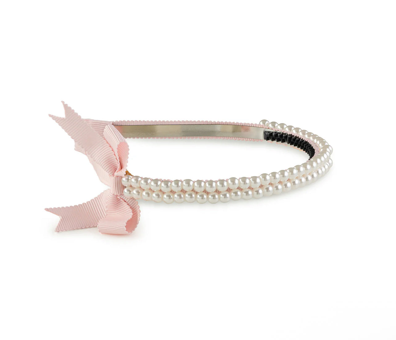 Molly Double Strand Pearl Grosgrain Bow Headband - Ballet Slipper