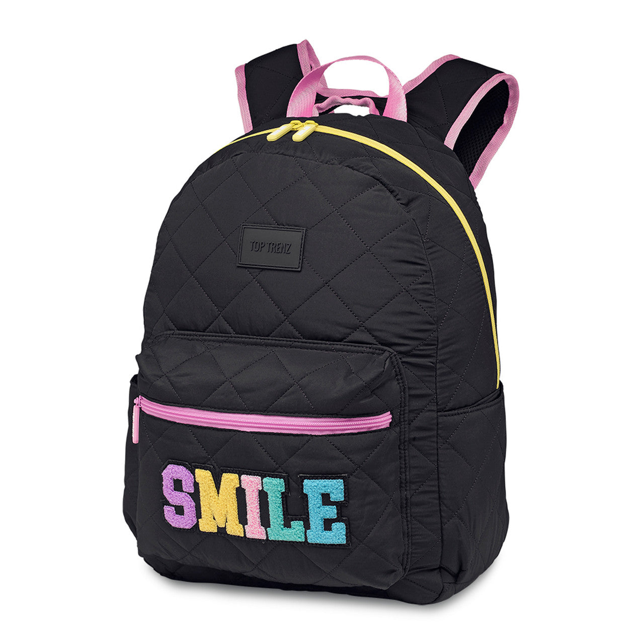 Black Puffer Backpack With Smile Patch