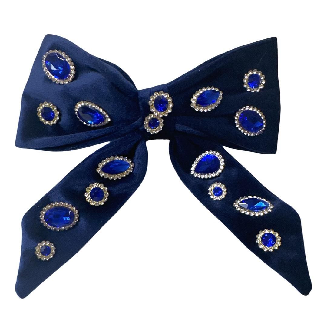 Velvet Jewel Tail Bow Clip - Navy