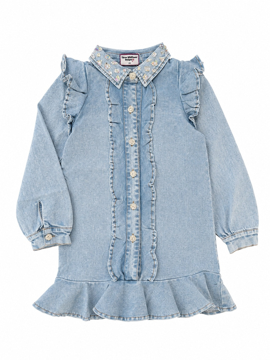 Denim Ruffle Long Sleeve Gem Button Dress