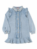 Denim Ruffle Long Sleeve Gem Button Dress