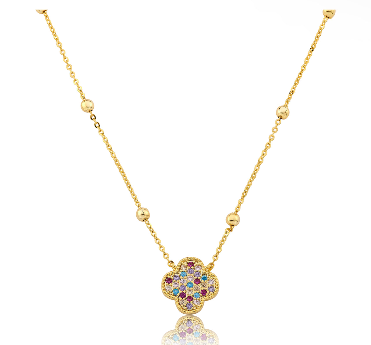 Clover Pendant On Bead Necklace - Multicolor