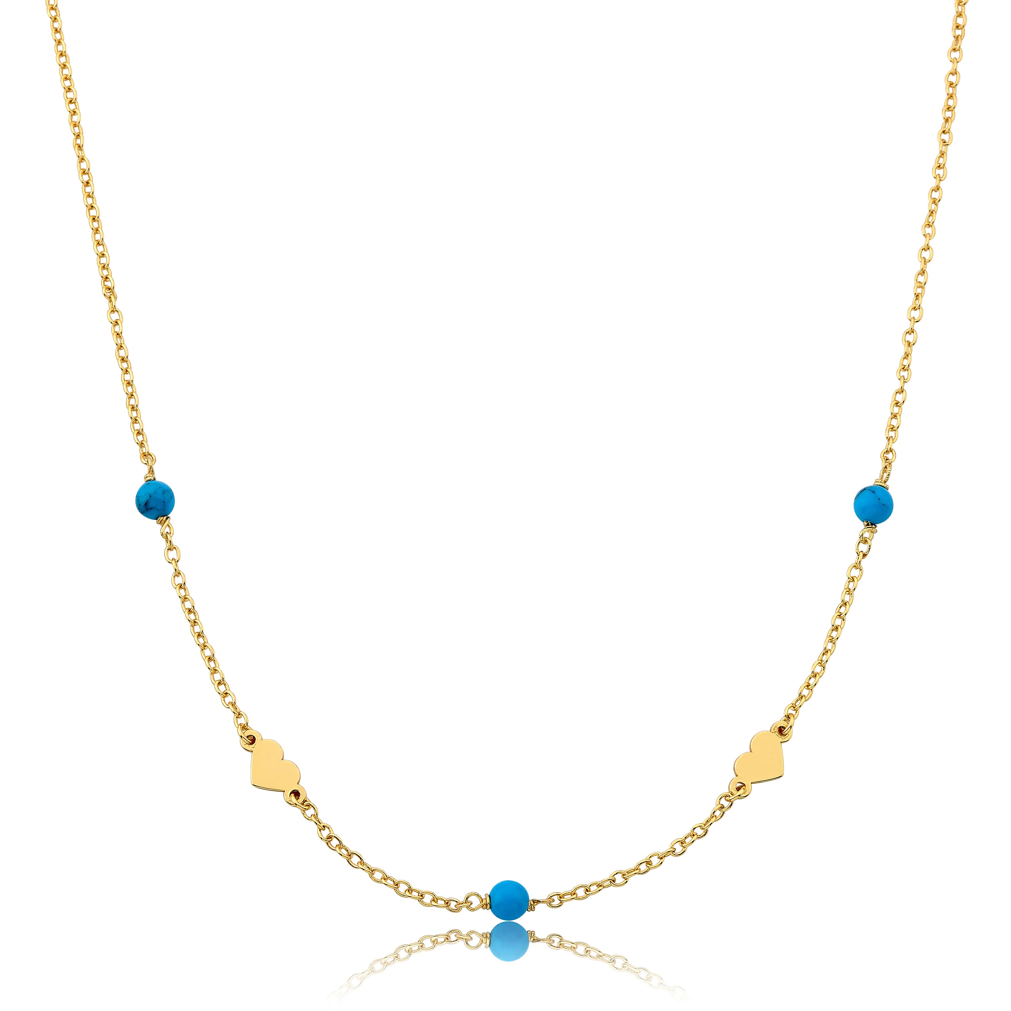 Gold Plated Hearts Station Necklace - Turquoise