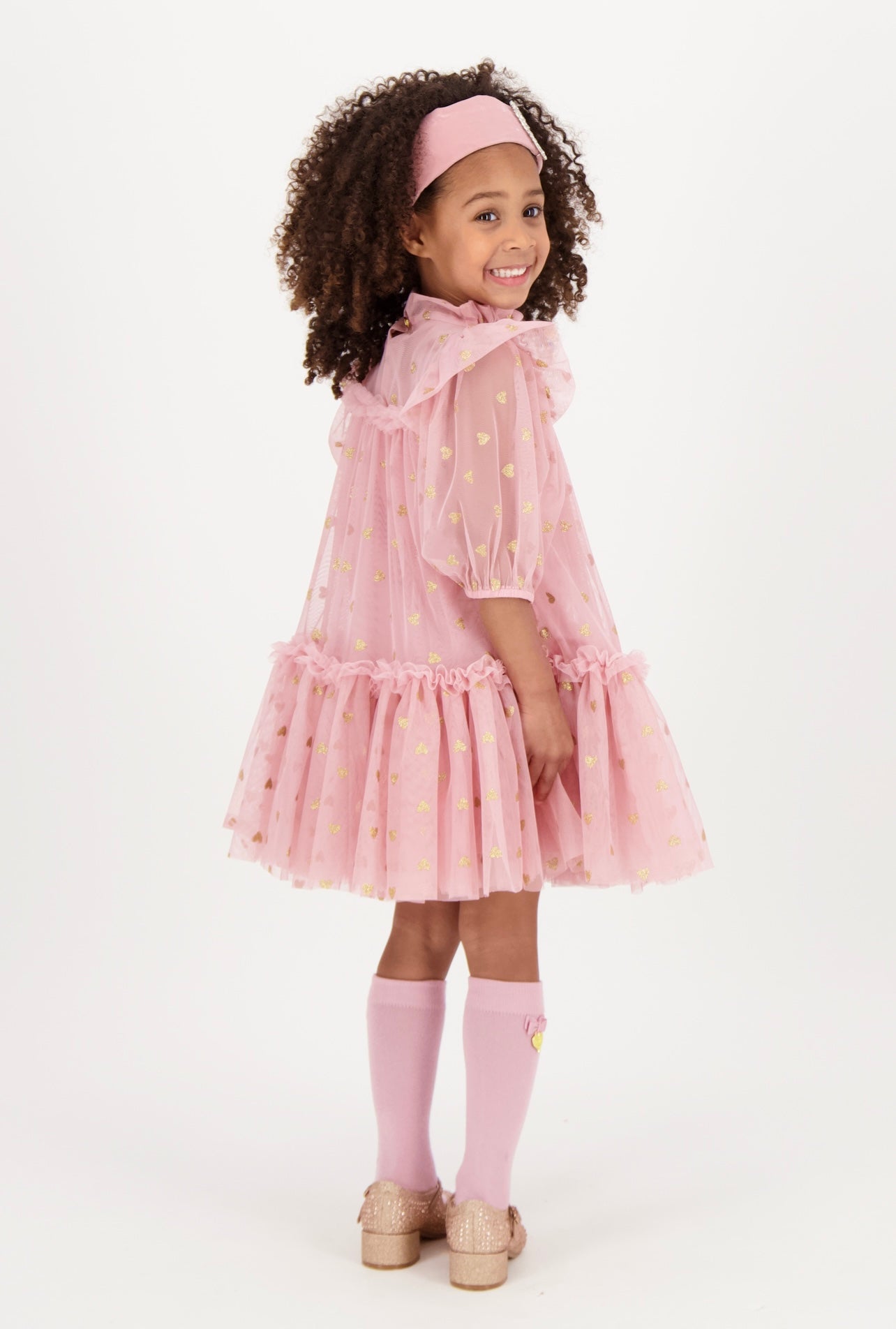 Myrtle Gold Hearts Tulle Dress Tea Rose