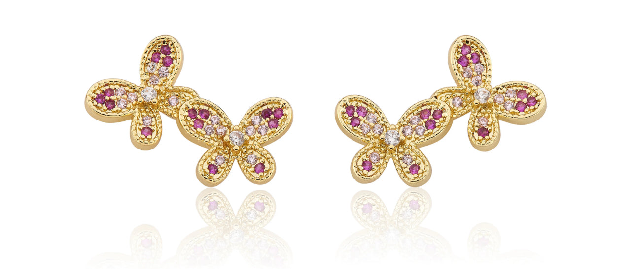 Pave Multicolor Double Butterflies Pink Earrings