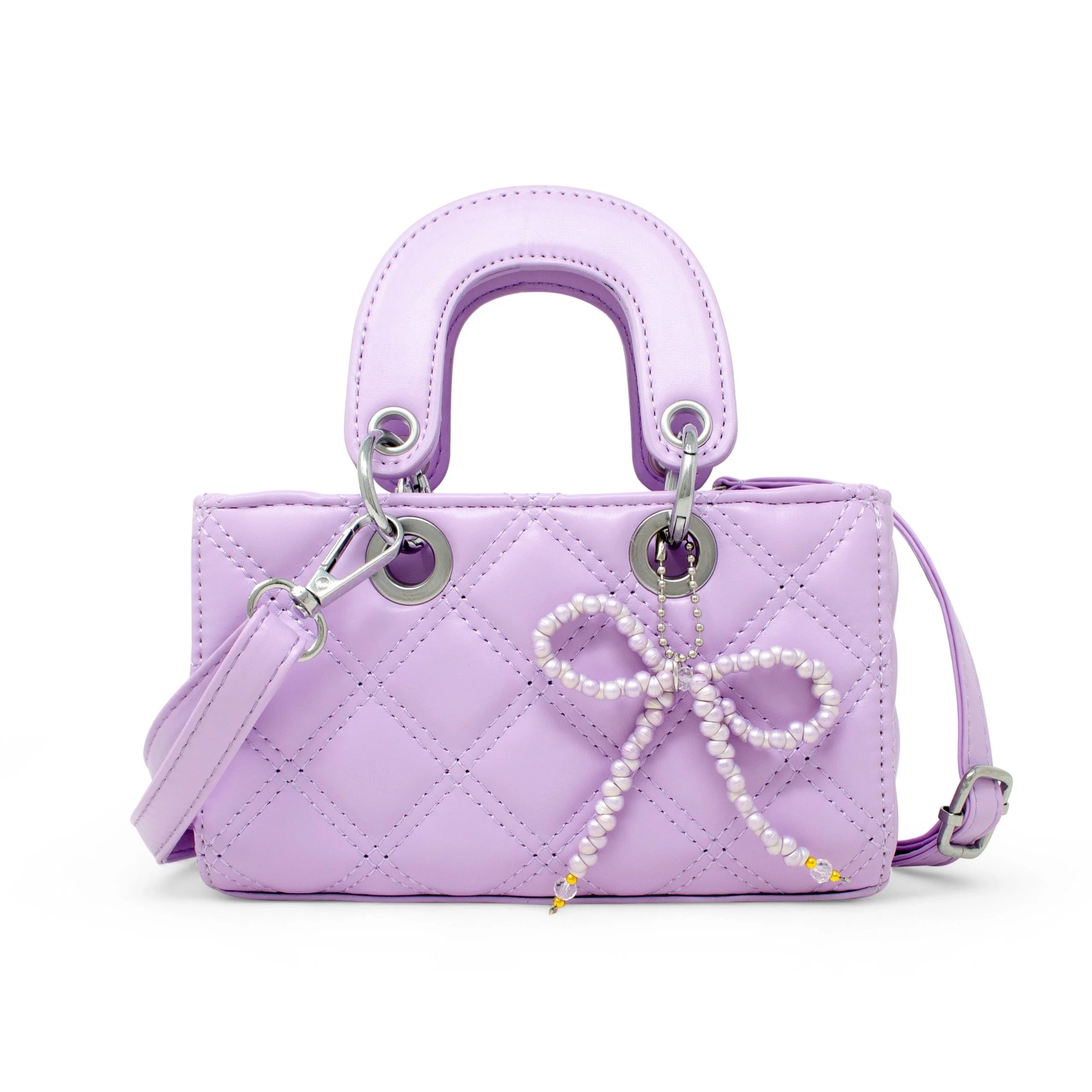Quilted Rectangle Bow Charm Handbag - Purple