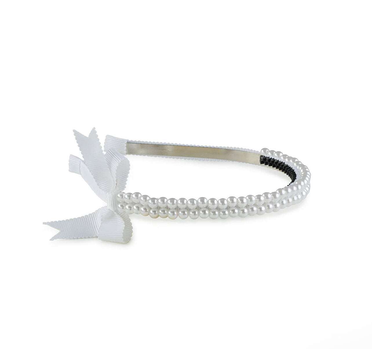Molly Double Strand Pearl Grosgrain Bow Headband - White