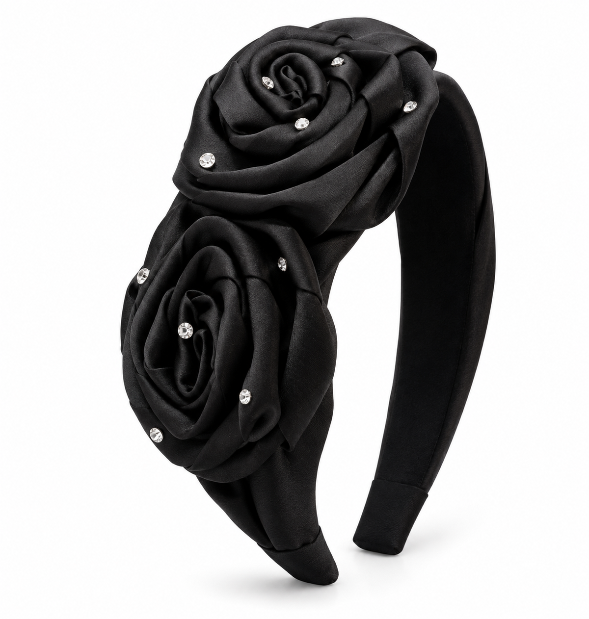 Black Satin Rose Rhinestone Headband