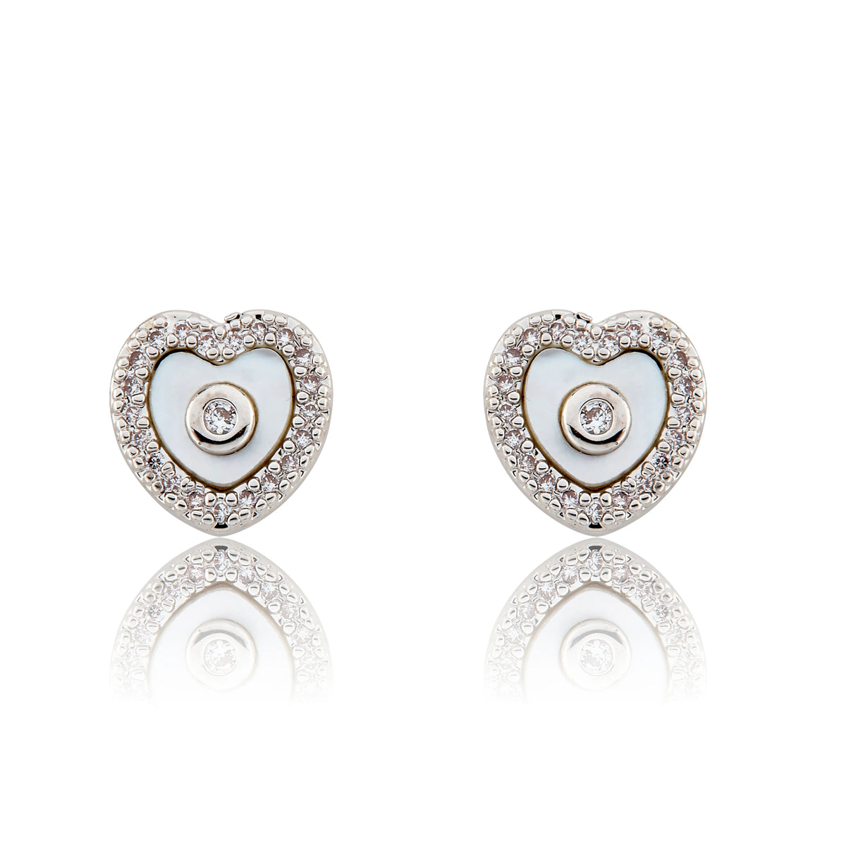 Mother Of Pearl Heart Cz Frame Stud Earring Silver