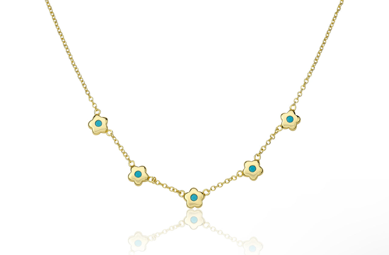 Gold Plated Flower Necklace - Turquoise Stones