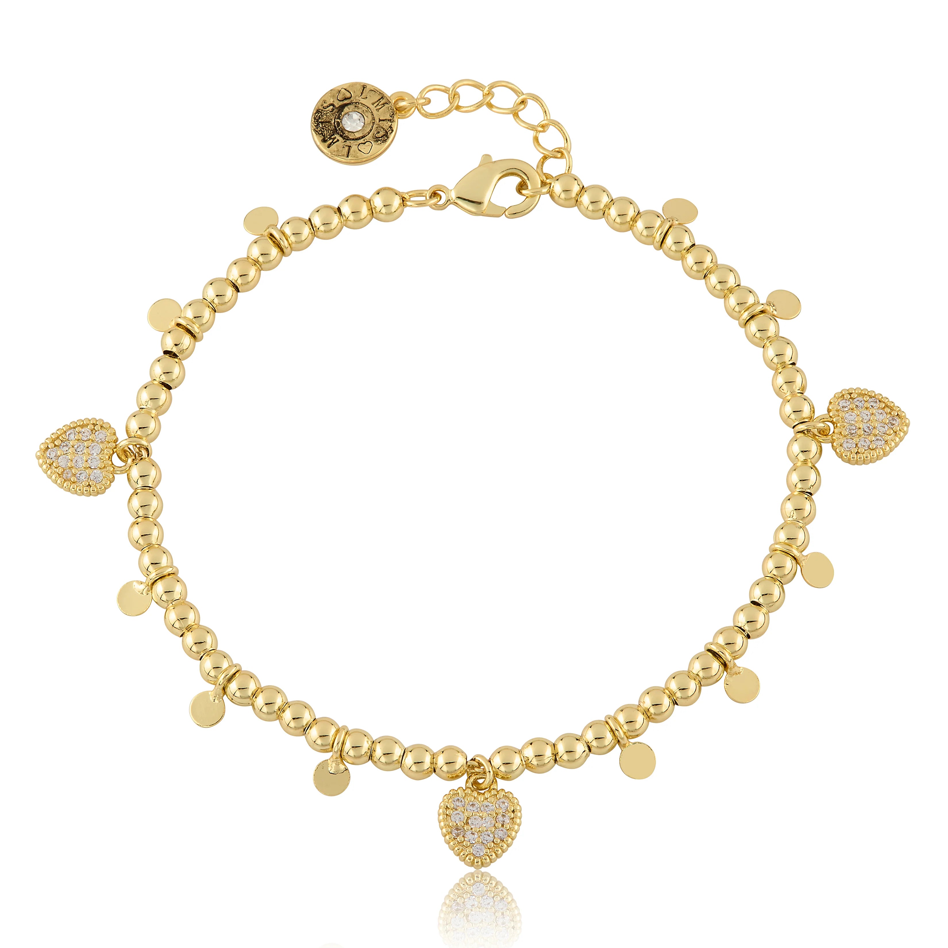 Bead & Disc Dangles Cz Hearts Bracelet