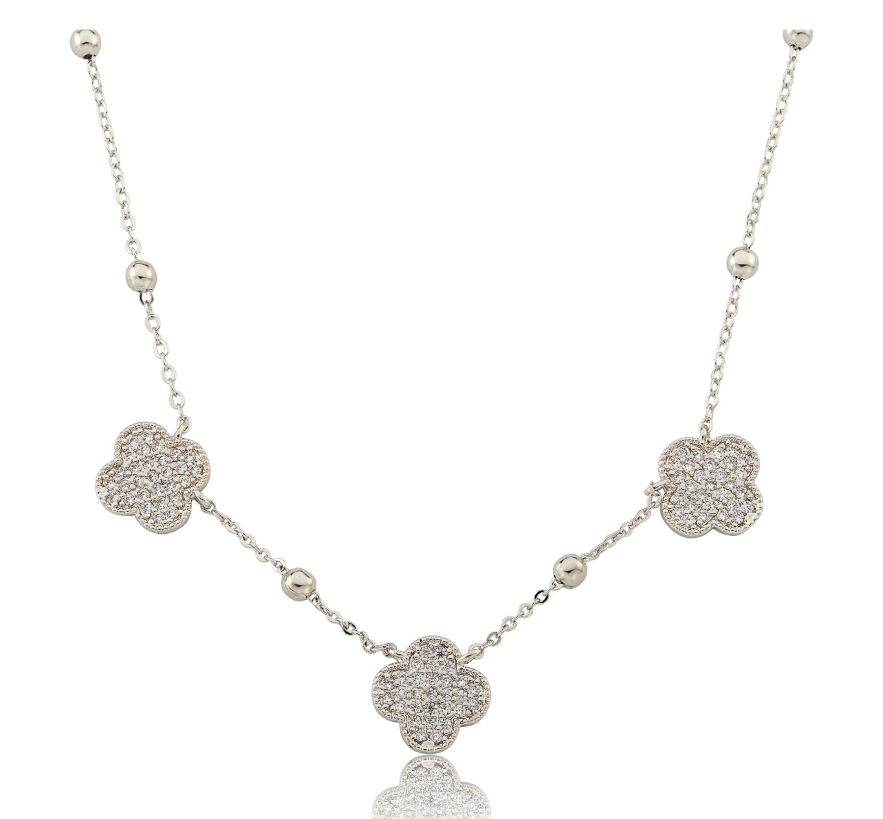 Three Flowers Clear Pave Clover Necklace