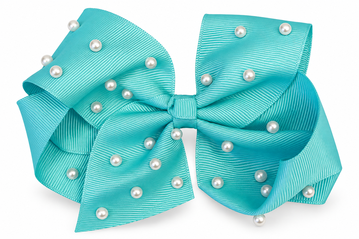Pearls Grosgrain Bow - Aqua