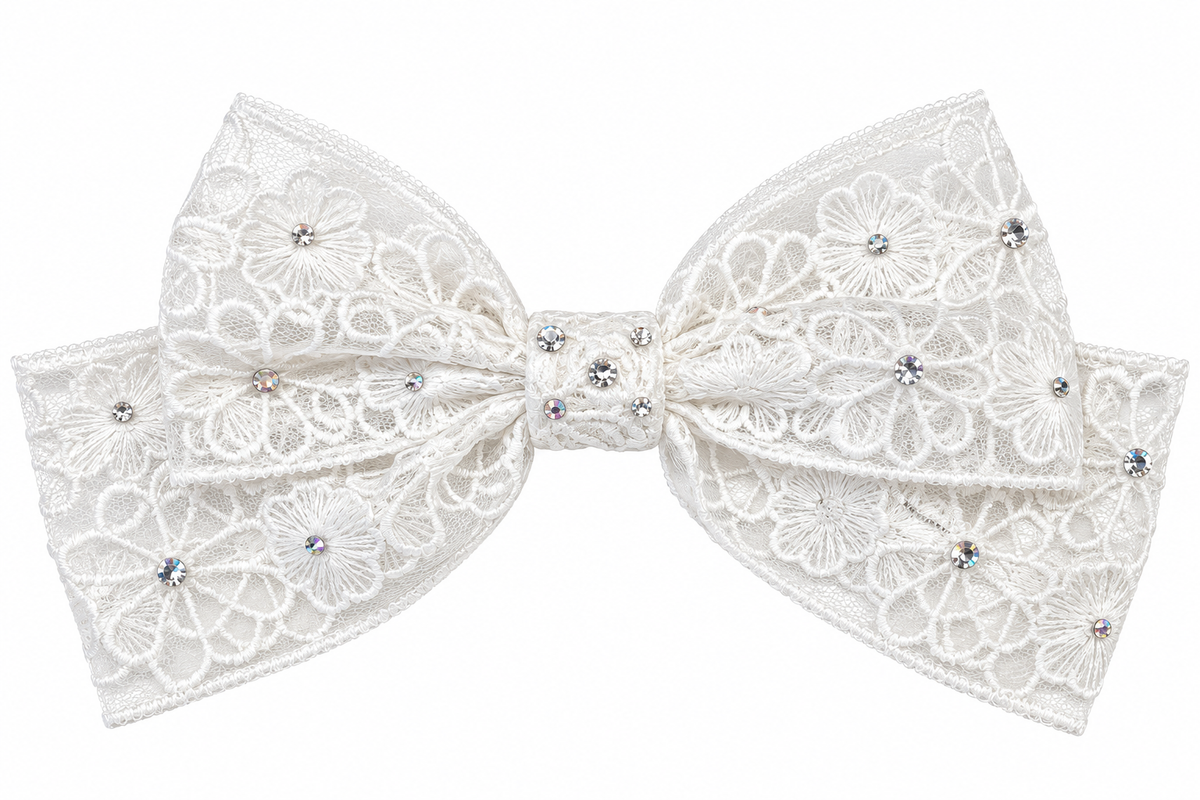 White Floral Lace Rhinestone Bow