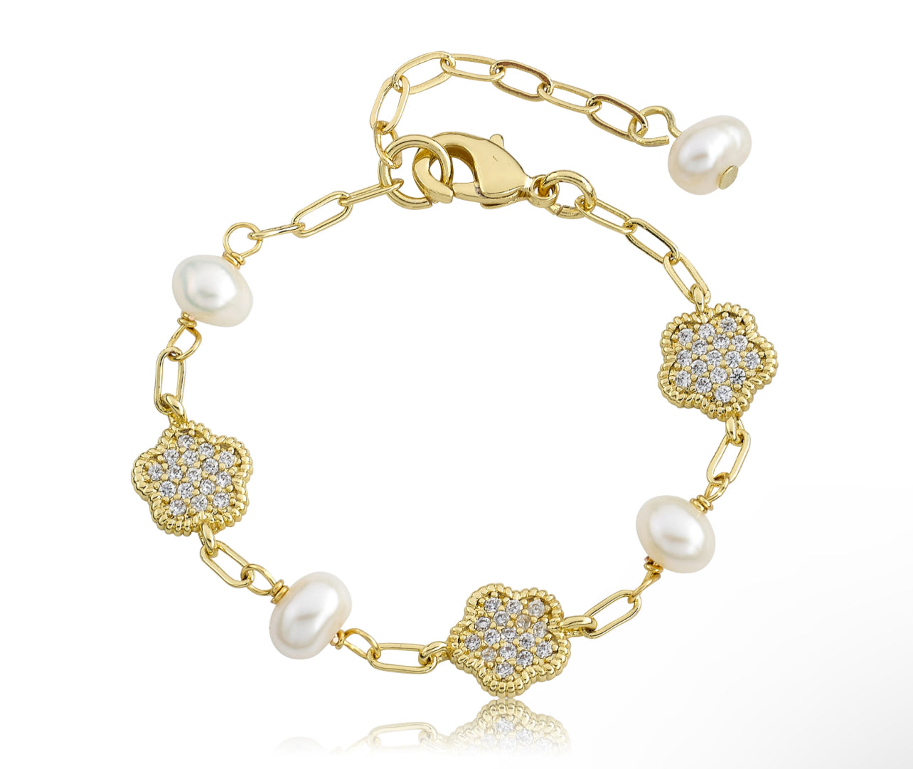 Alternating Small Micro Pave Flower And Pearls Bracelet