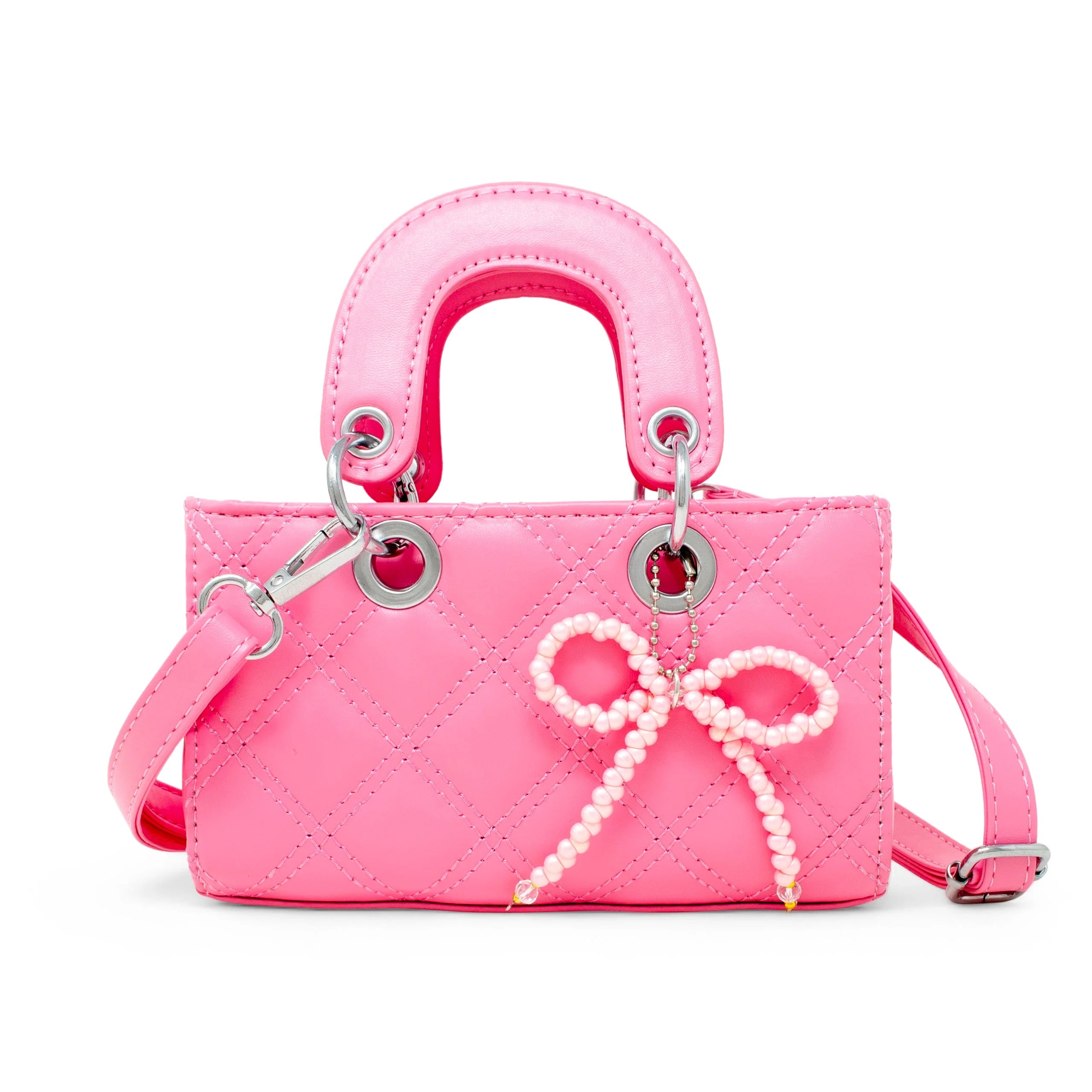 Quilted Rectangle Bow Charm Handbag - Hot Pink