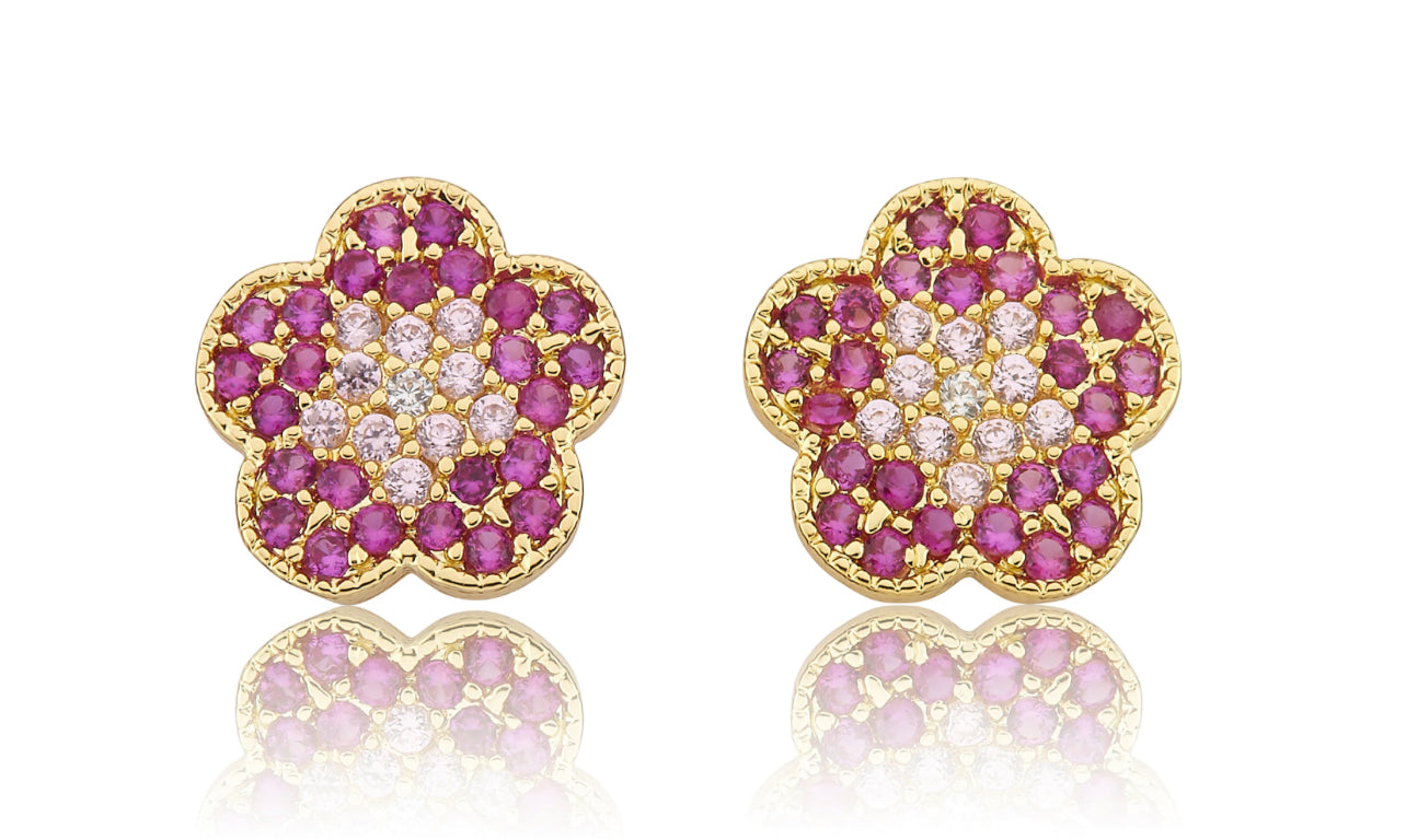 Pave Flower Stud Earrings - Pink