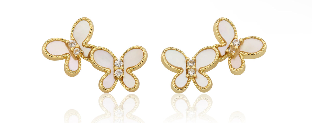 Cz In Mother Of Pearl Double Butterfly Earrings