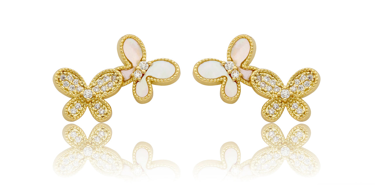 Mother Of Pearl & Pave Double Butterfly Stud Earring