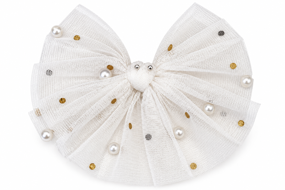 Pearls & Golden Confetti Tulle Bow