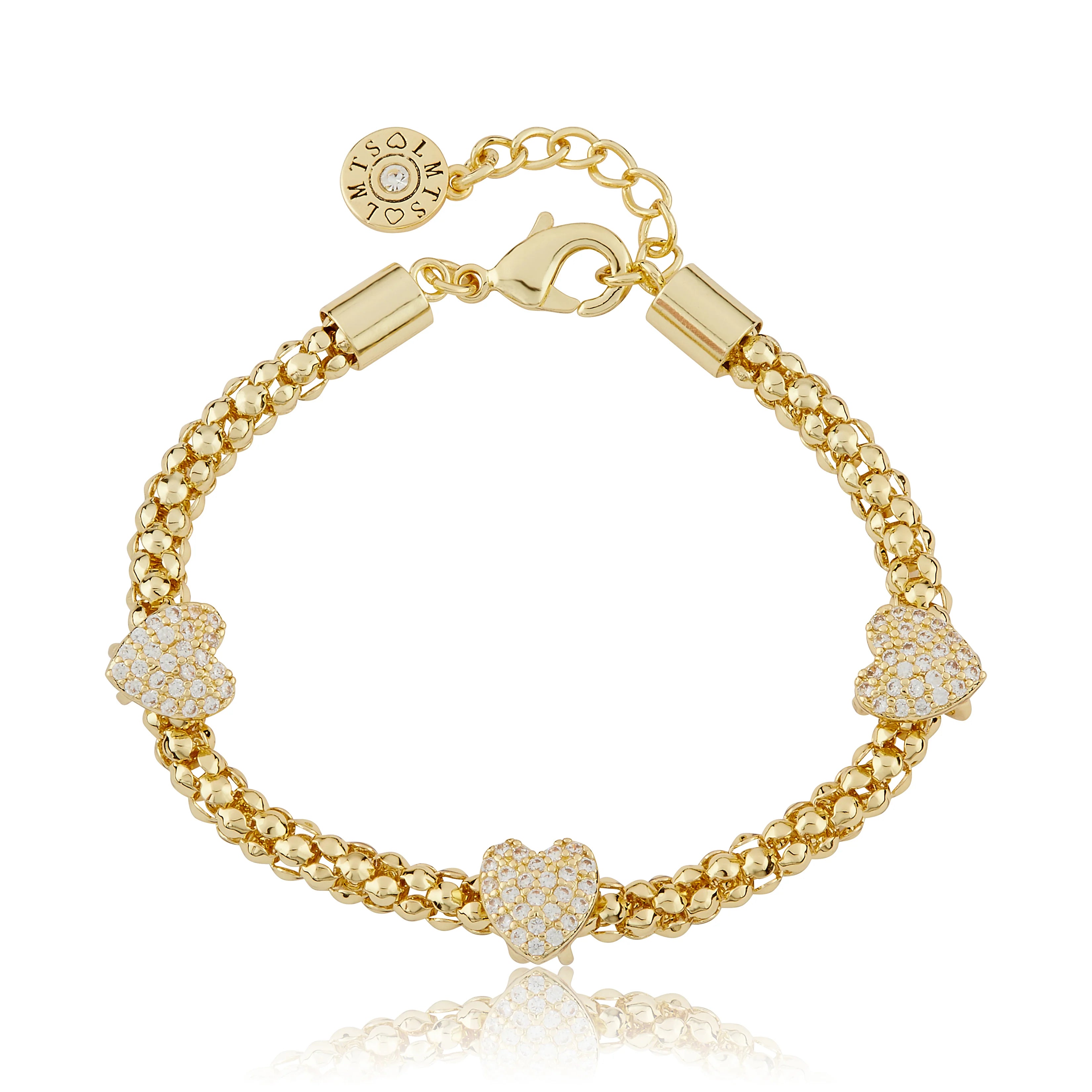 Gold Plated Mesh Rope 3 Cz Slide Hearts Bracelet