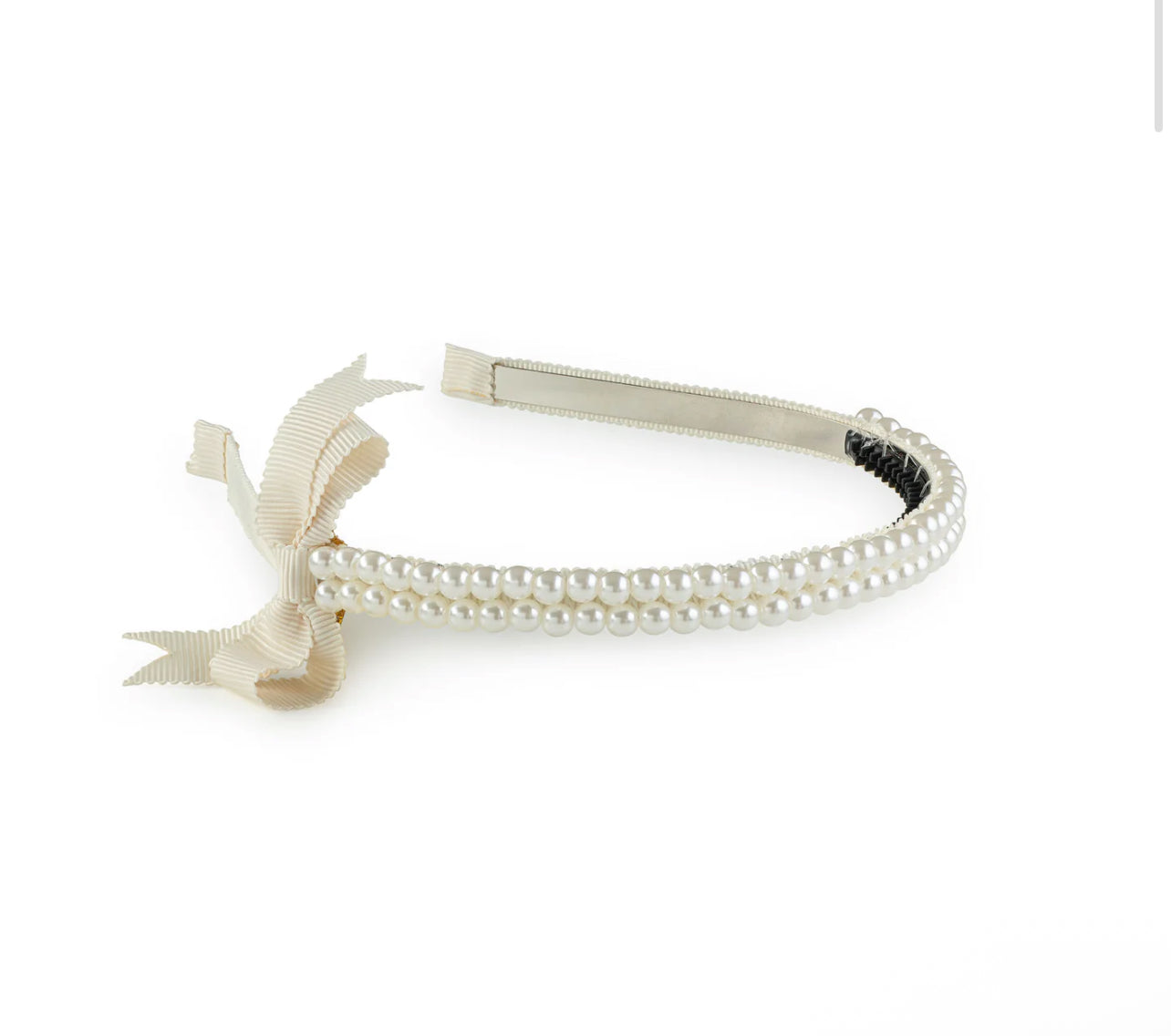 Molly Double Strand Pearl Grosgrain Bow Headband - Ivory