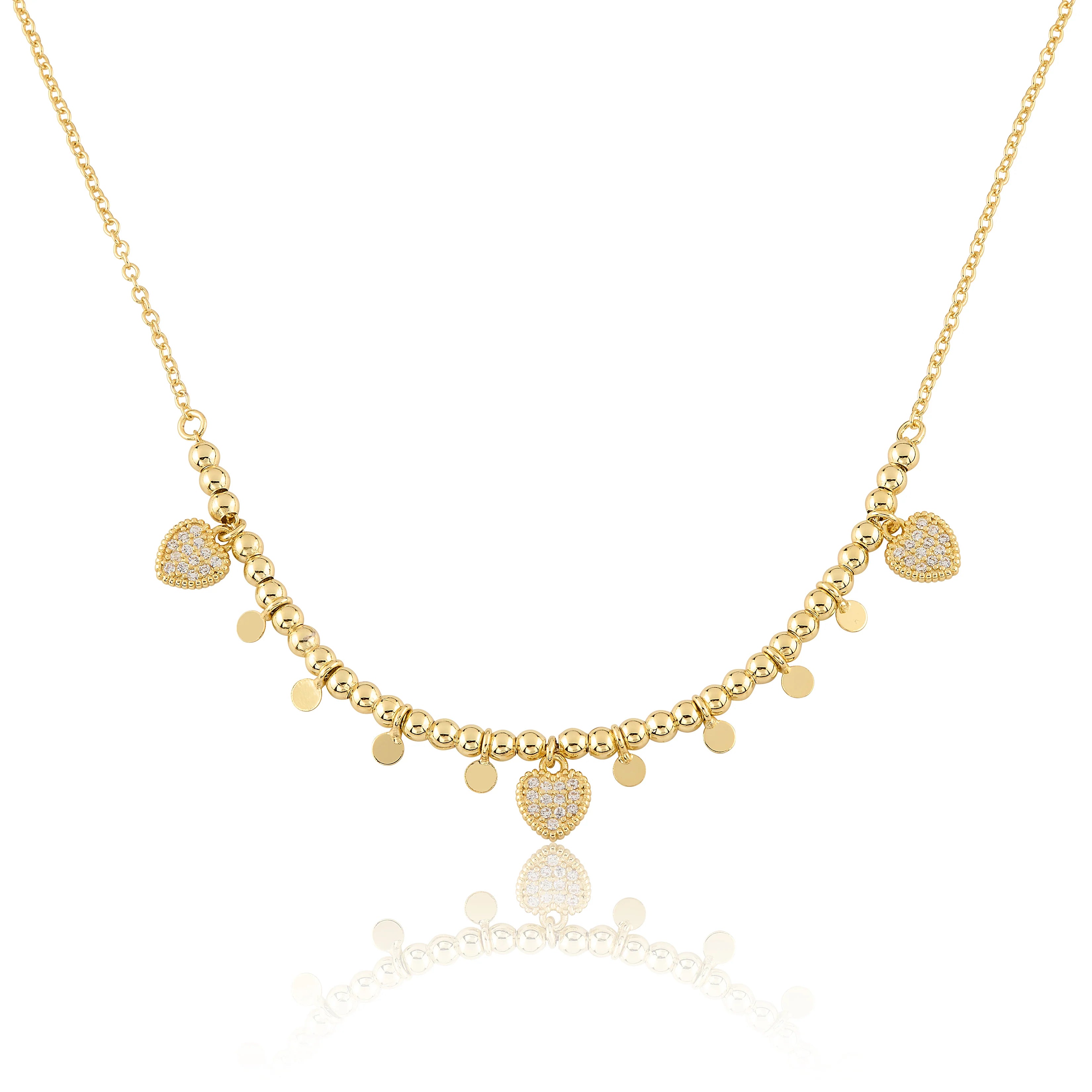 Bead & Disc Dangles CZ Hearts Necklace