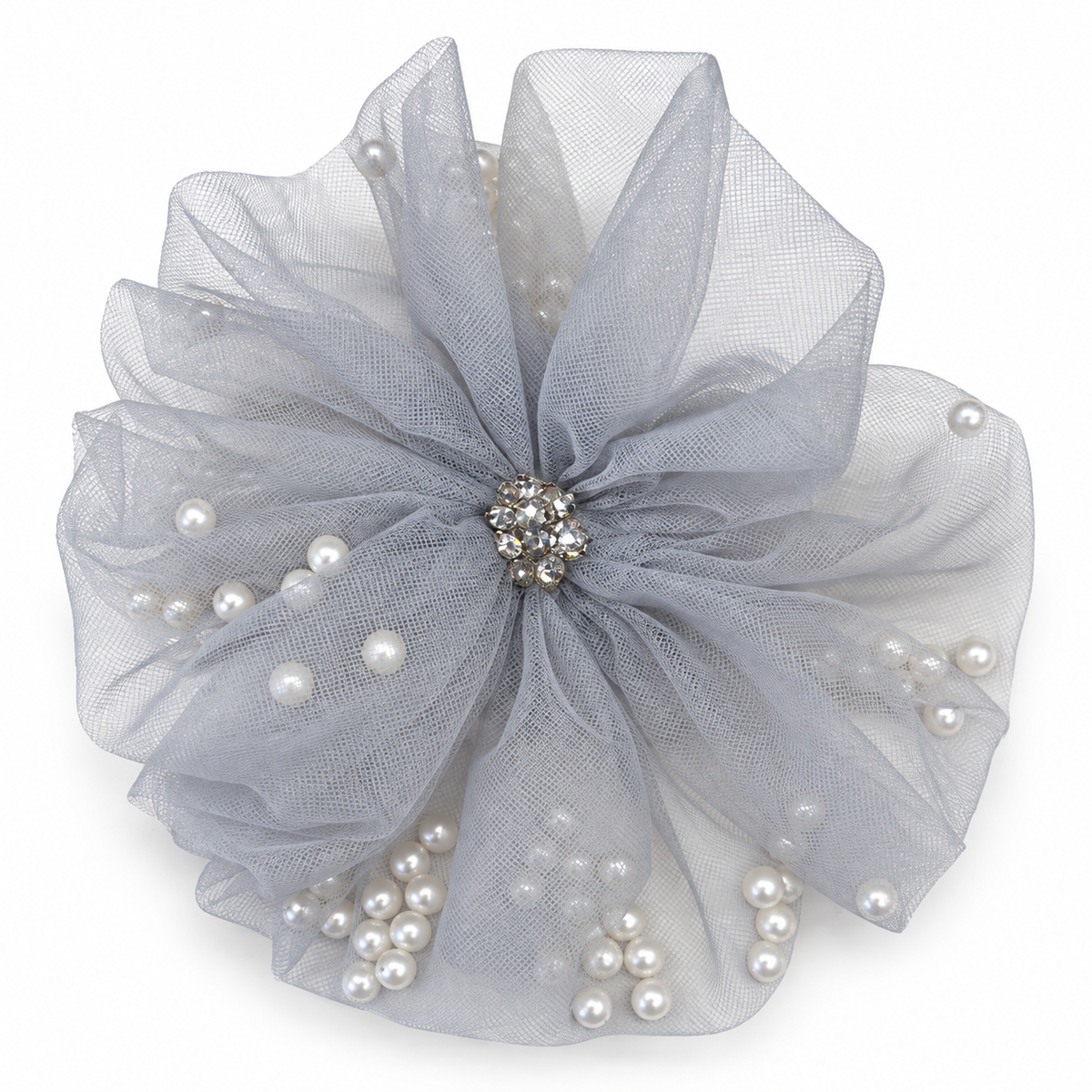 Pearl & Crystal Tulle Flower Scrunchie