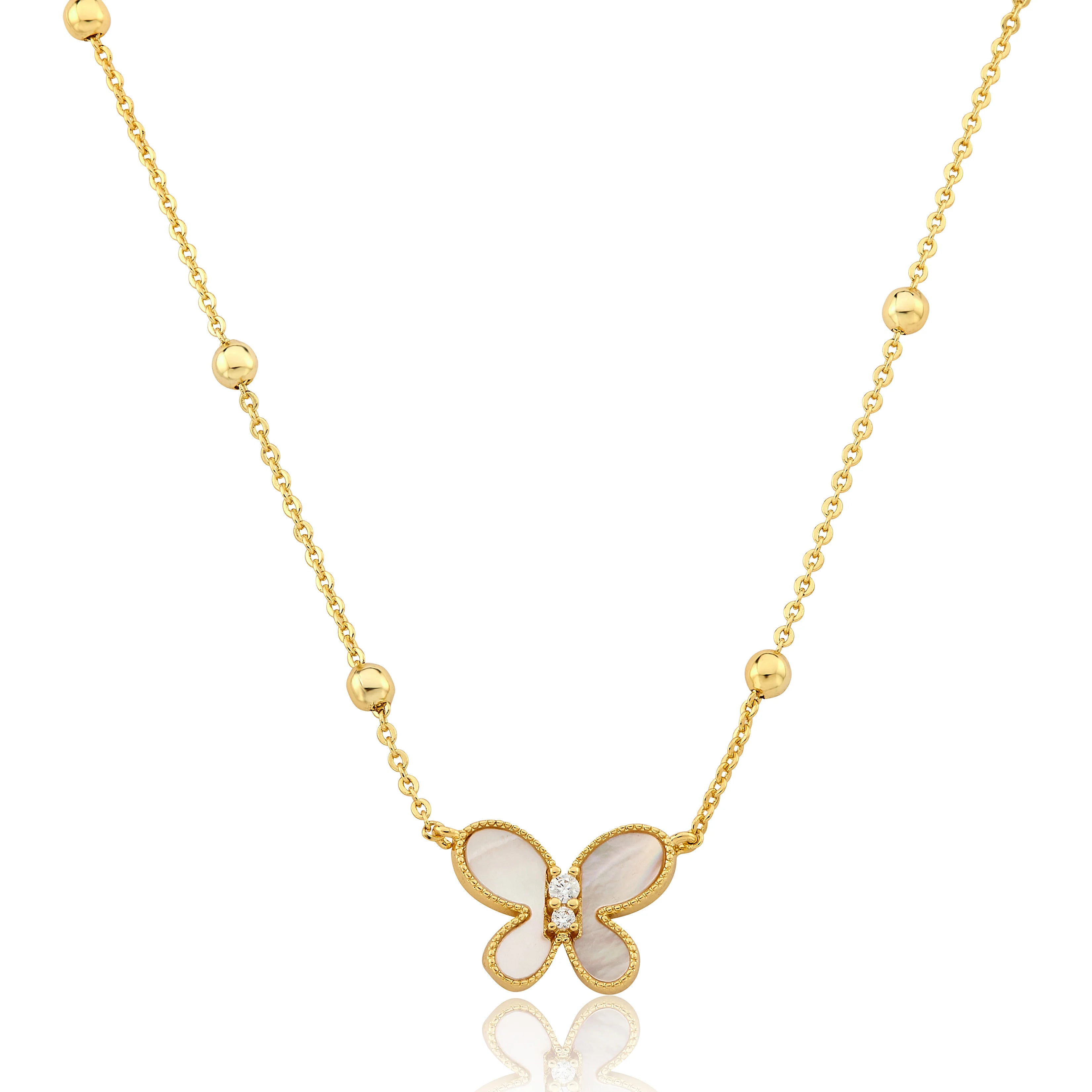 Mother Of Pearl Butterfly Pendant On Bead Station Necklace