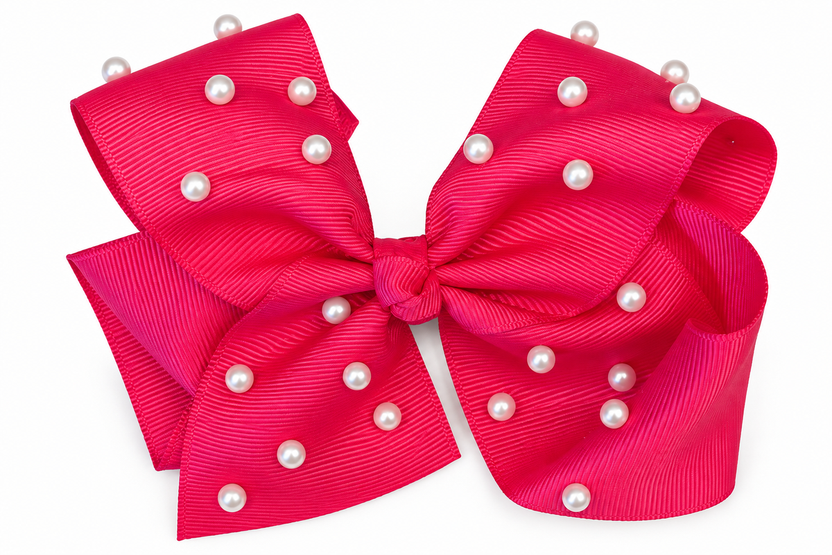 Pearls Grosgrain Bow - Hot Pink
