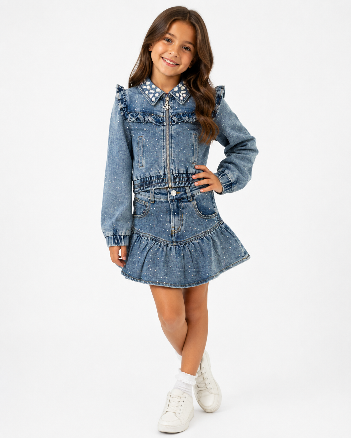Rhinestone Ruffle Denim Set