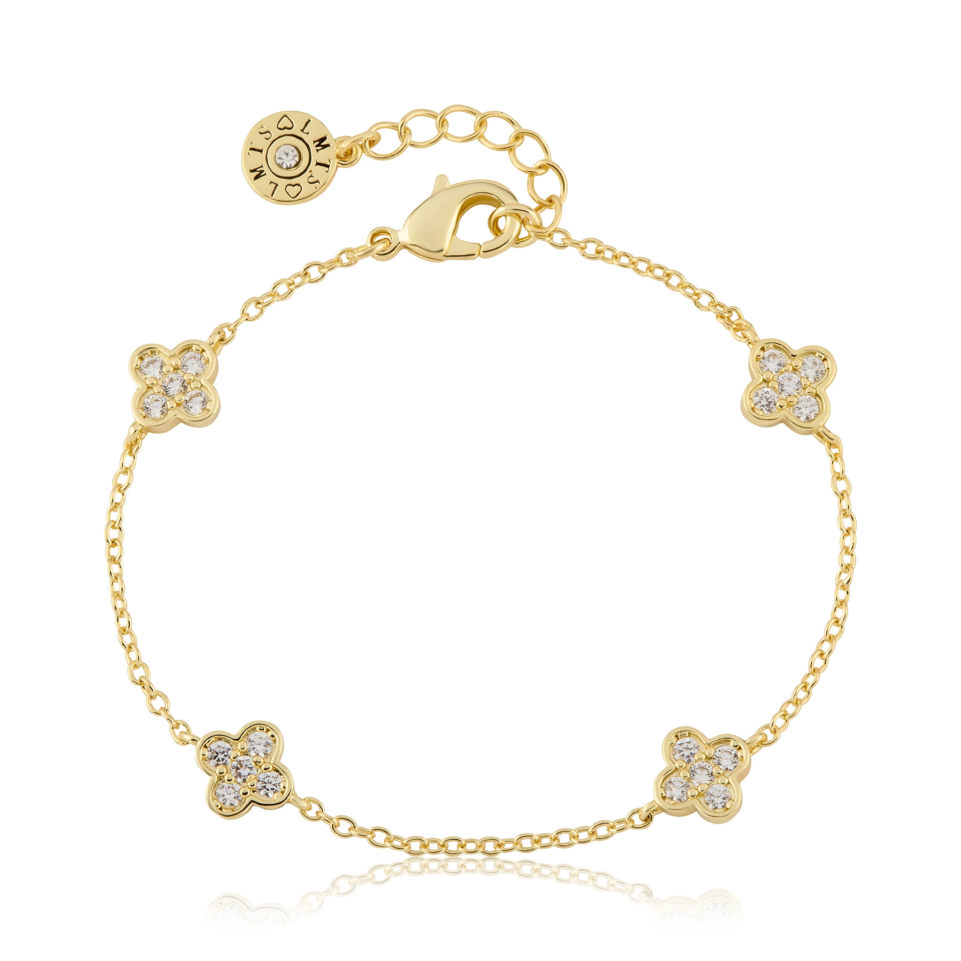 Gold Plated 4 Clear Cz Clover Station Chain Bracelet