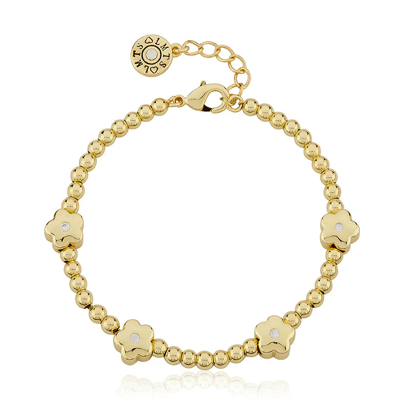 Gold Plated Bead & Cz Center Flowers Bracelet
