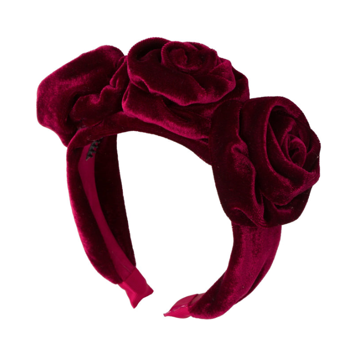 Triple Rose Garden Headband - Burgundy Velvet